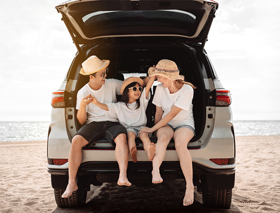 Family with Car travel driving road trip summer vacation in car in the sunset, Dad, mom and daughter happy traveling enjoy holidays and relaxation together get the atmosphere and go to destination