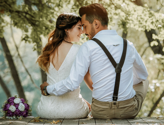 Wedding couple sitting on dock face to face