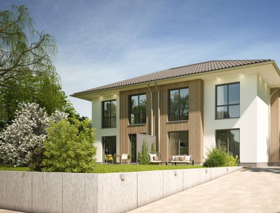 Two story duplex building with lush green landscaping.